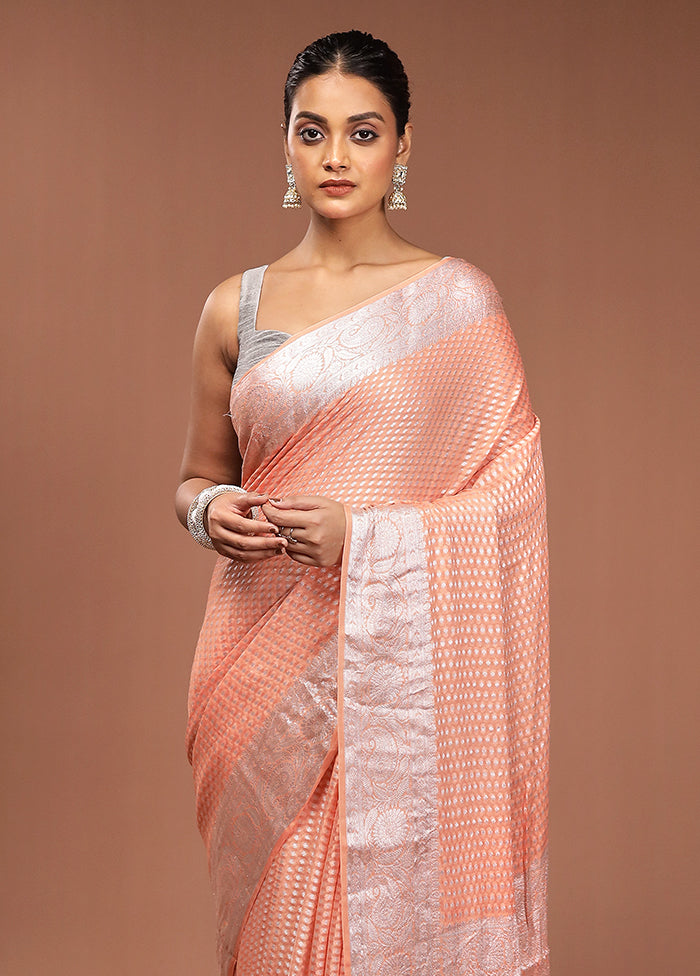 Peach Kora Silk Saree With Blouse Piece