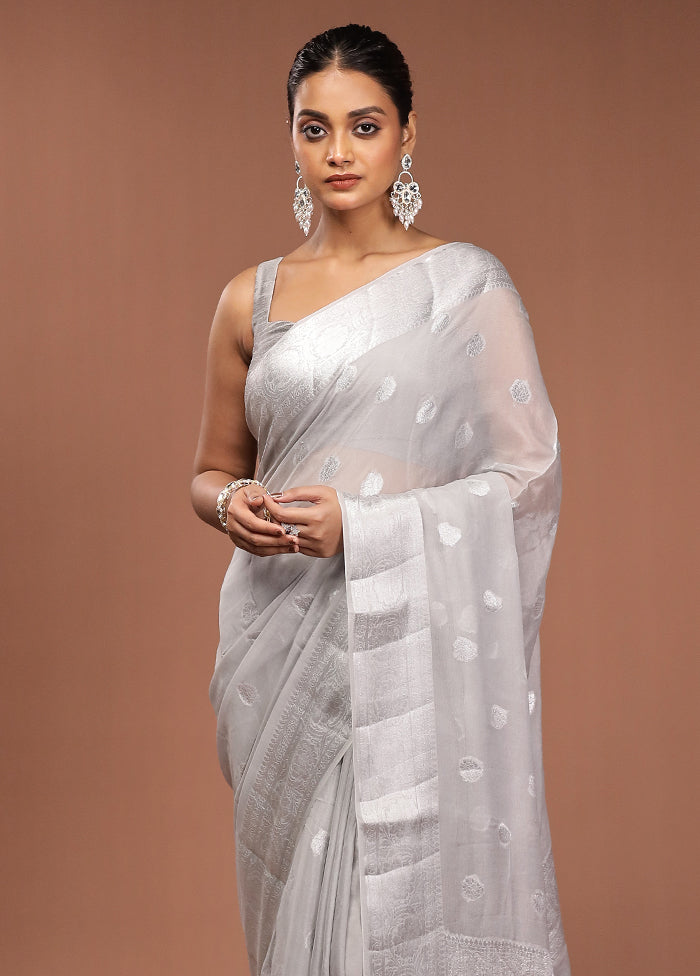 Grey Kora Silk Saree With Blouse Piece