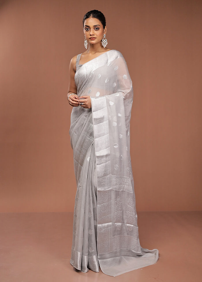 Grey Kora Silk Saree With Blouse Piece