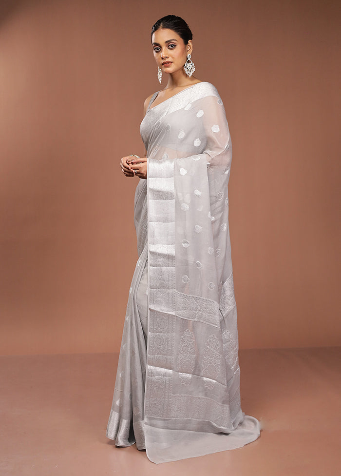 Grey Kora Silk Saree With Blouse Piece