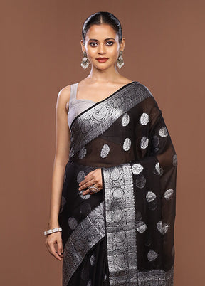 Black Handloom Kora Pure Silk Saree With Blouse Piece