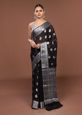 Black Handloom Kora Pure Silk Saree With Blouse Piece