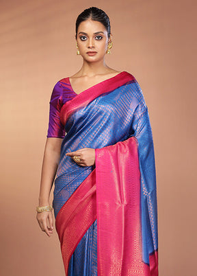 Blue Dupion Silk Saree With Blouse Piece