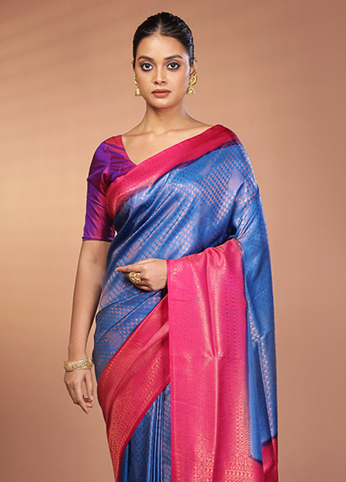 Blue Dupion Silk Saree With Blouse Piece