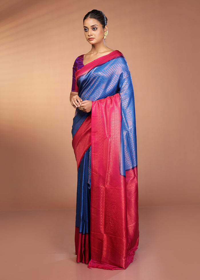 Blue Dupion Silk Saree With Blouse Piece