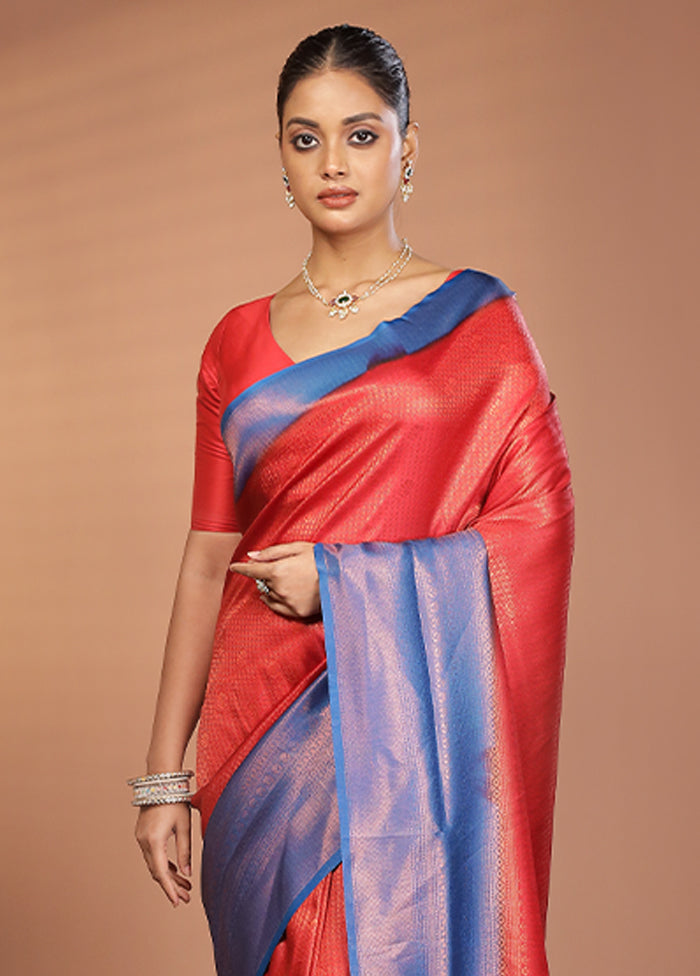 Red Dupion Silk Saree With Blouse Piece