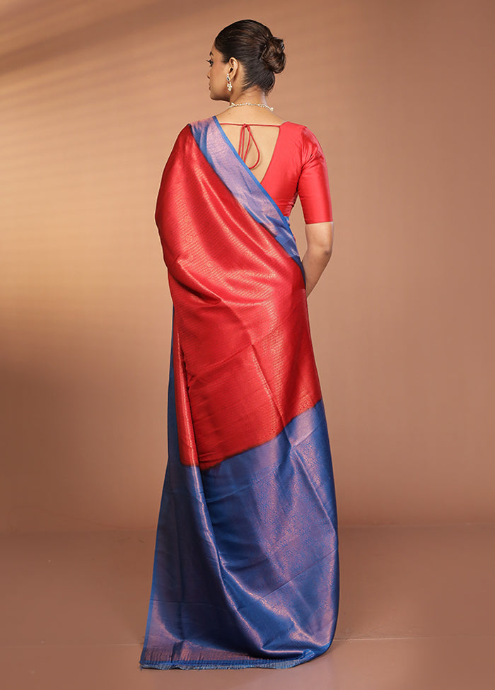 Red Dupion Silk Saree With Blouse Piece