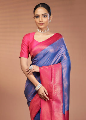 Blue Dupion Silk Saree With Blouse Piece