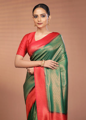 Green Dupion Silk Saree With Blouse Piece