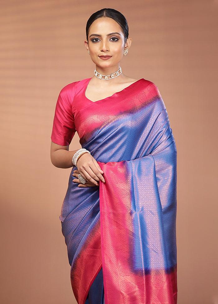 Blue Dupion Silk Saree With Blouse Piece