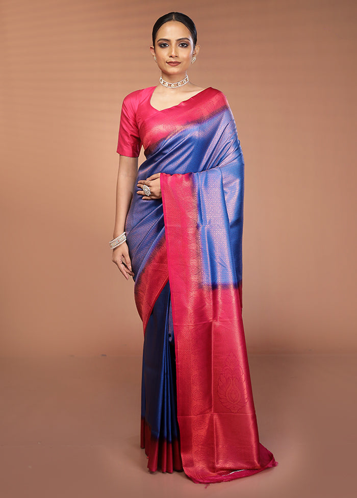 Blue Dupion Silk Saree With Blouse Piece