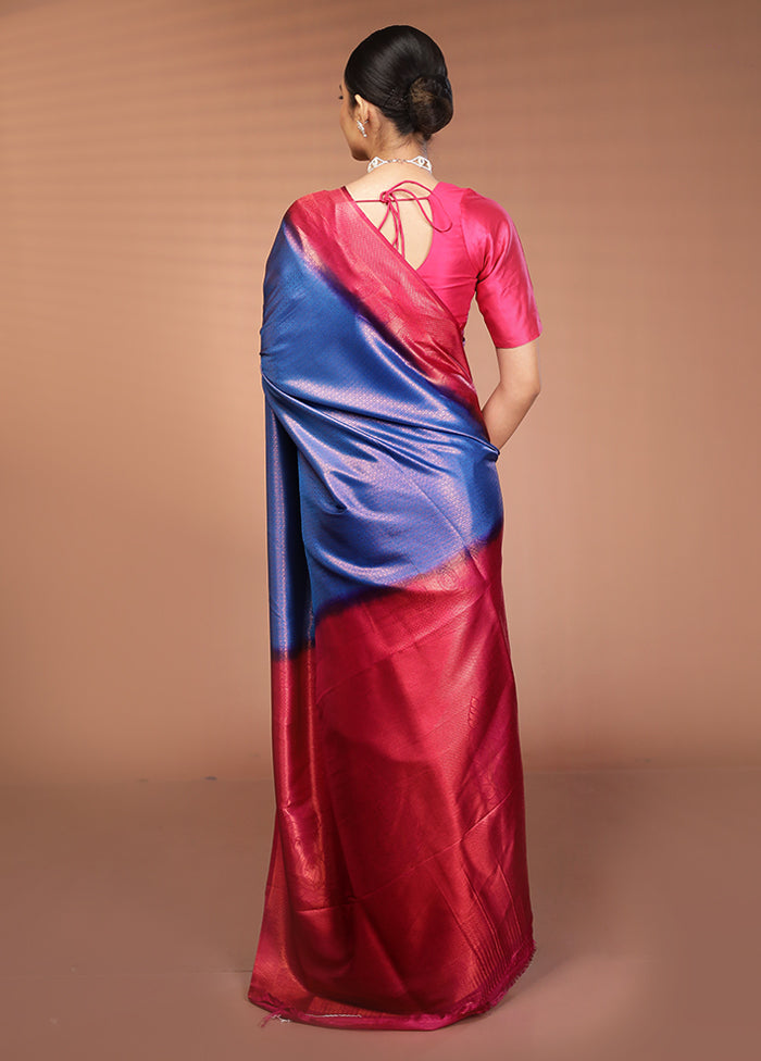 Blue Dupion Silk Saree With Blouse Piece