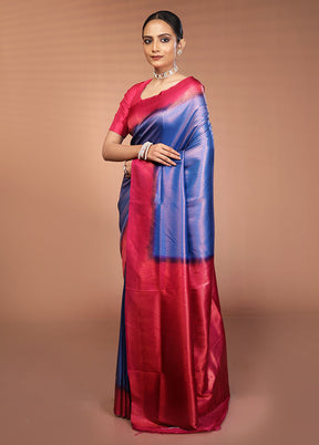 Blue Dupion Silk Saree With Blouse Piece