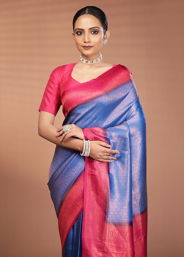Blue Dupion Silk Saree With Blouse Piece