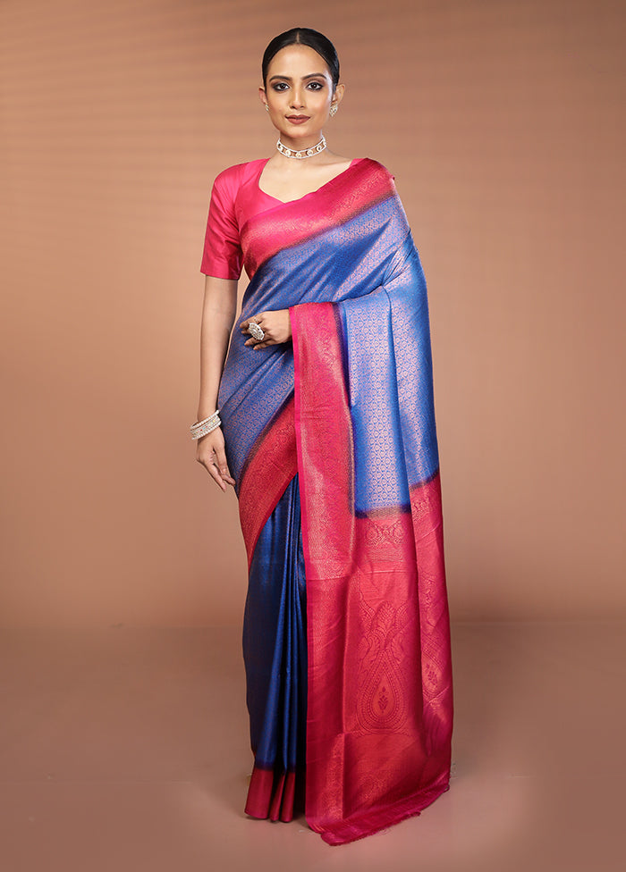 Blue Dupion Silk Saree With Blouse Piece
