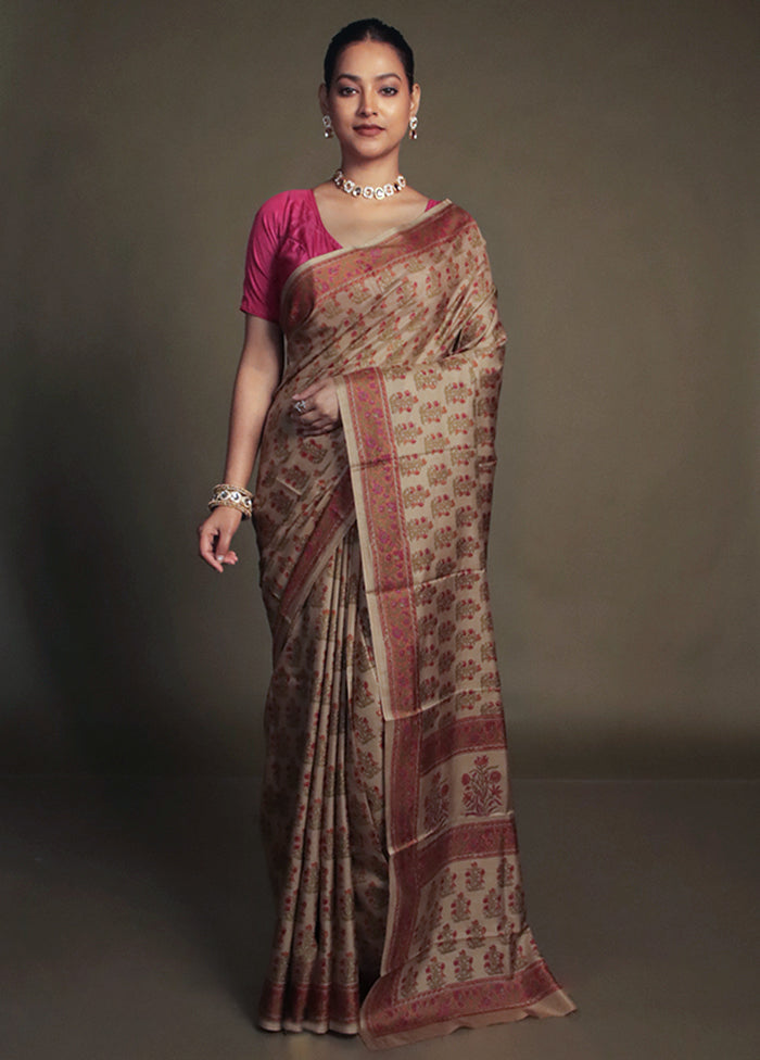 Cream Printed Pure Silk Saree Without Blouse Piece