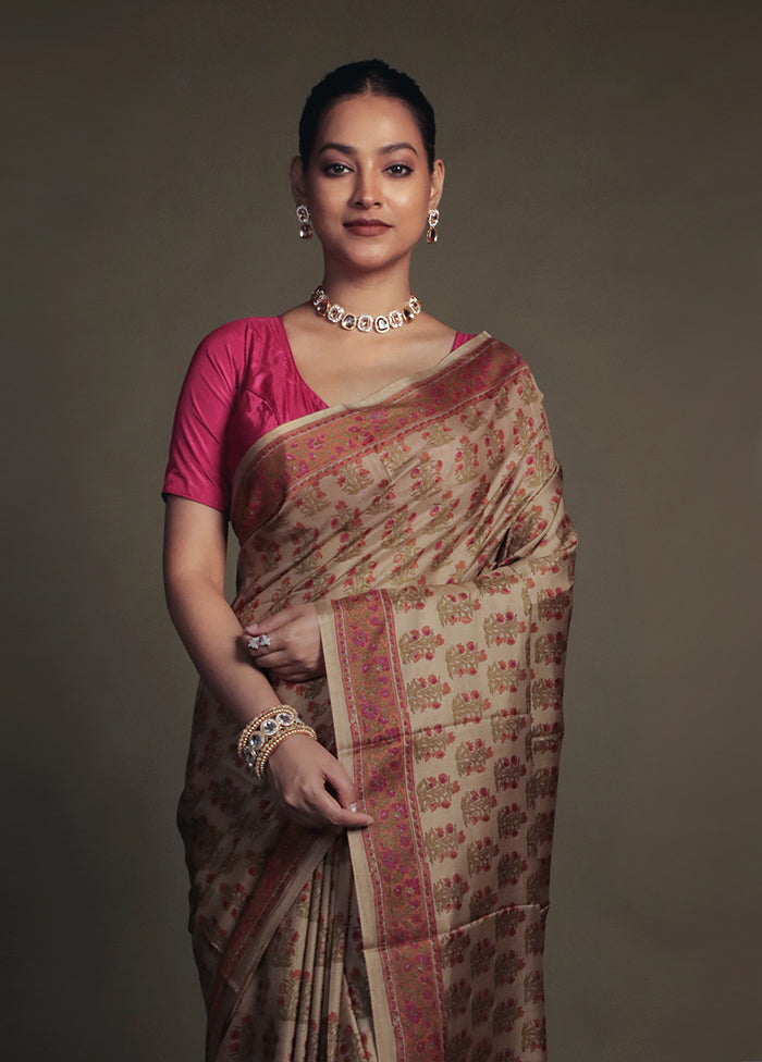 Cream Printed Pure Silk Saree Without Blouse Piece