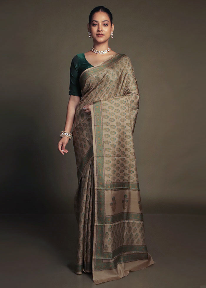 Cream Printed Pure Silk Saree Without Blouse Piece