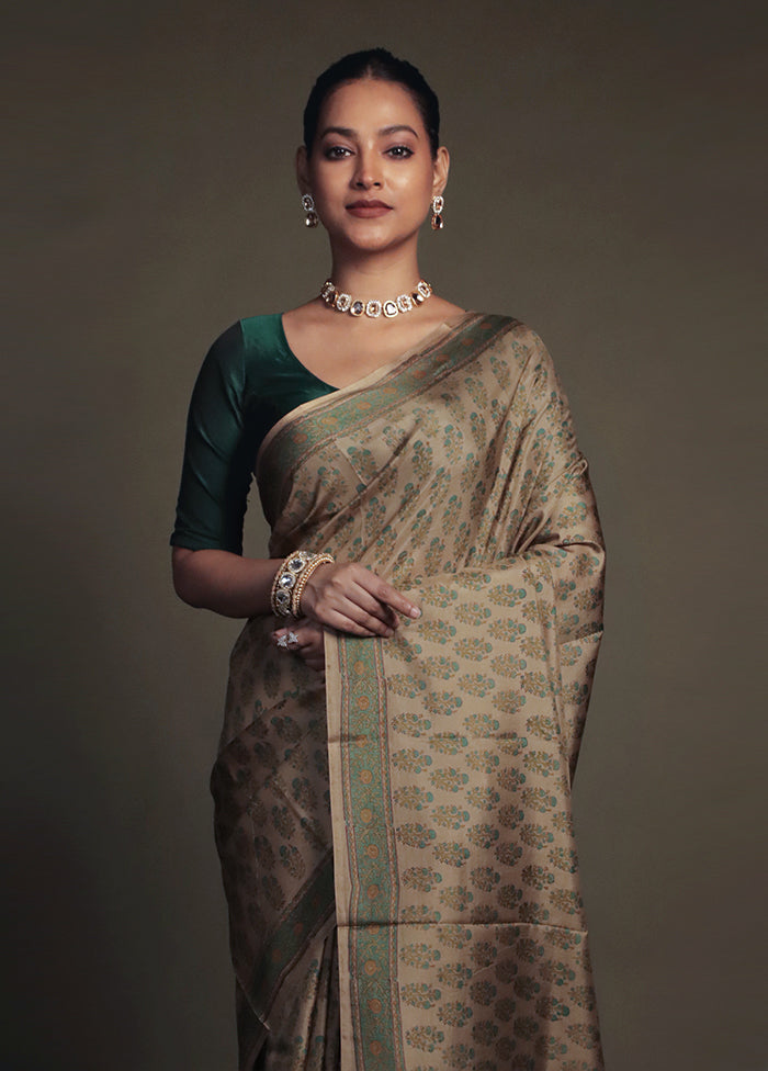 Cream Printed Pure Silk Saree Without Blouse Piece