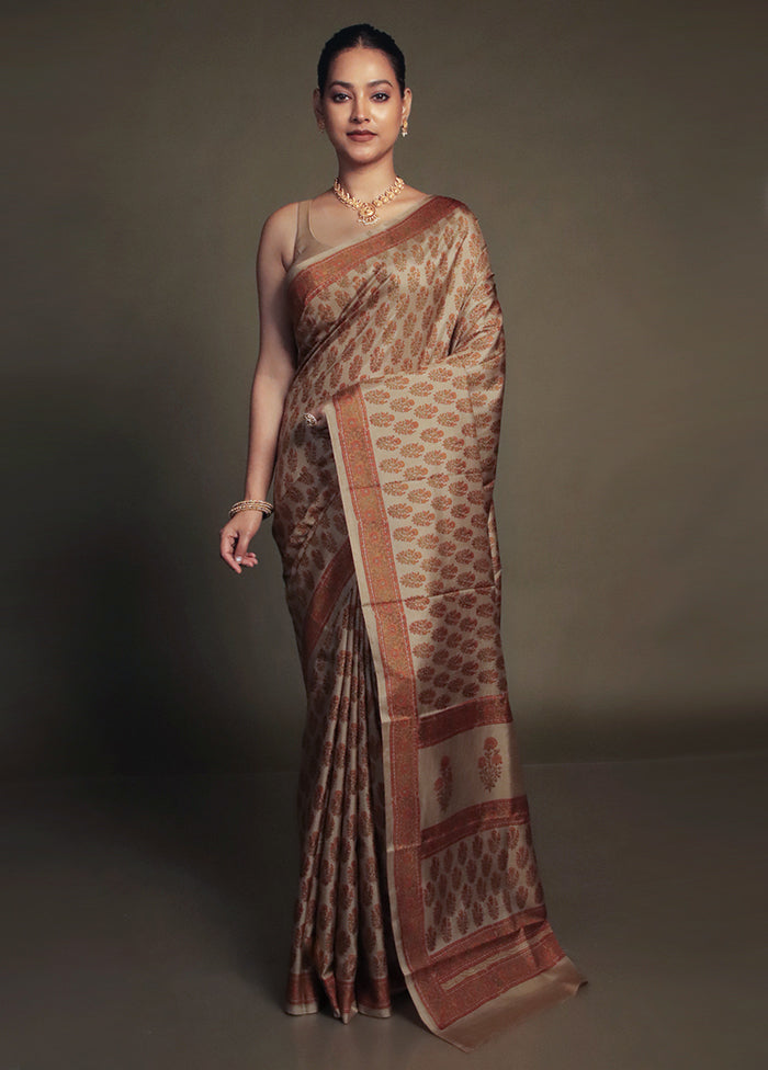 Cream Printed Pure Silk Saree Without Blouse Piece