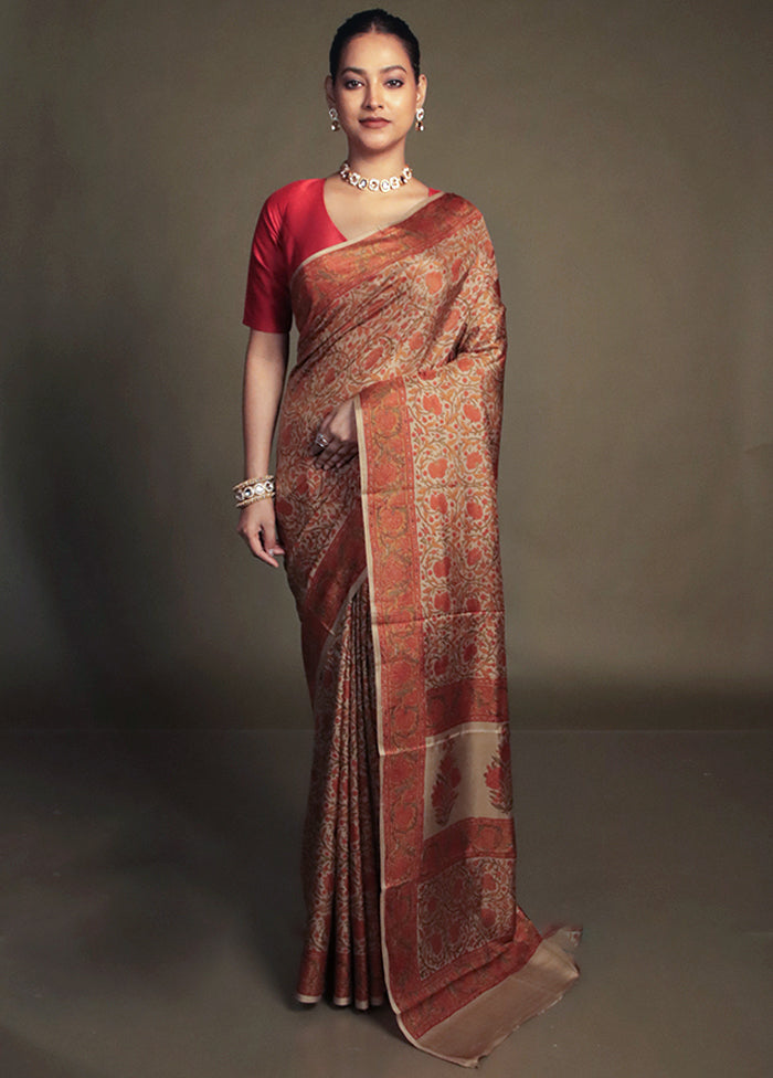 Cream Printed Pure Silk Saree Without Blouse Piece