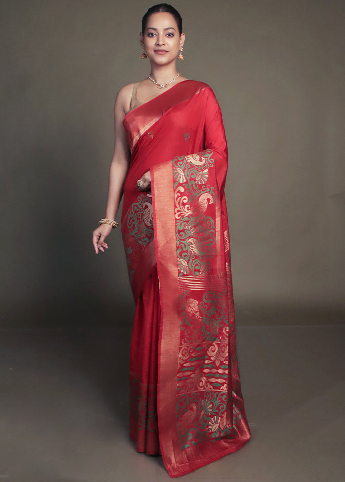 Red Dupion Silk Saree With Blouse Piece