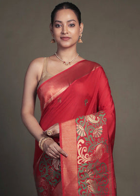 Red Dupion Silk Saree With Blouse Piece