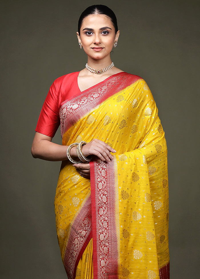 Yellow Dupion Silk Saree With Blouse Piece