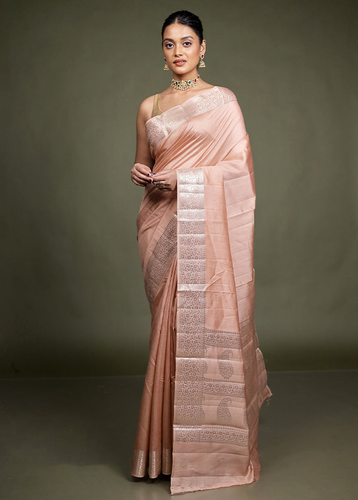 Peach Handloom Dupion Pure Silk Saree With Blouse Piece