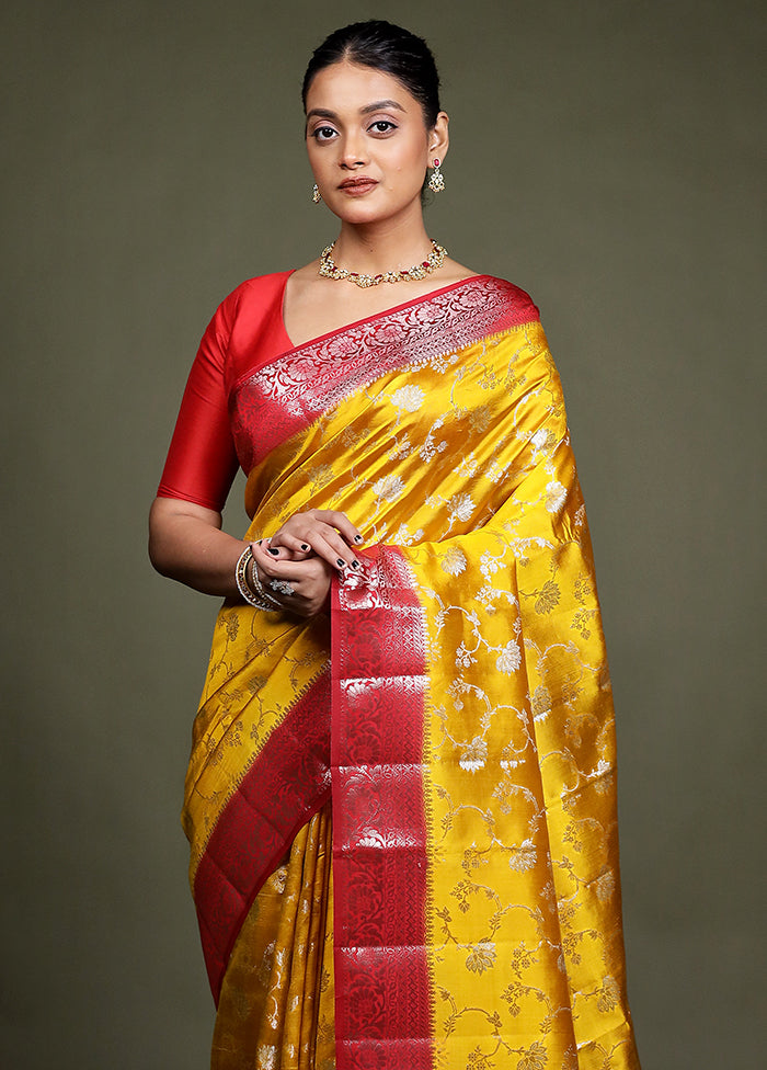 Yellow Handloom Dupion Pure Silk Saree With Blouse Piece