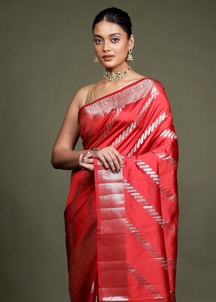 Red Handloom Dupion Pure Silk Saree With Blouse Piece