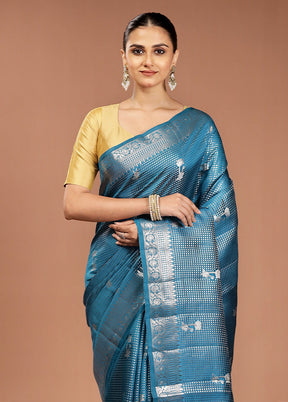 Blue Handloom Dupion Pure Silk Saree With Blouse Piece