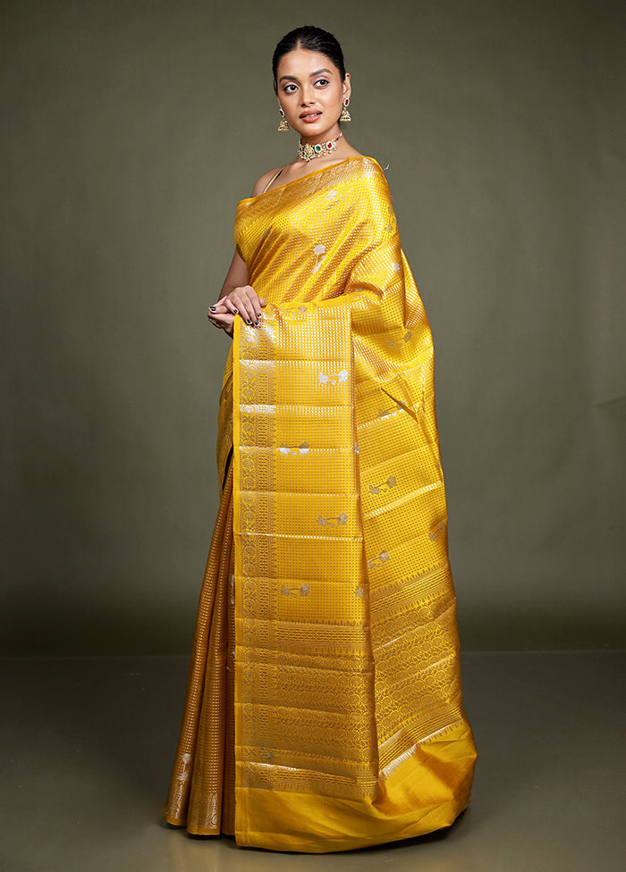 Yellow Handloom Dupion Pure Silk Saree With Blouse Piece