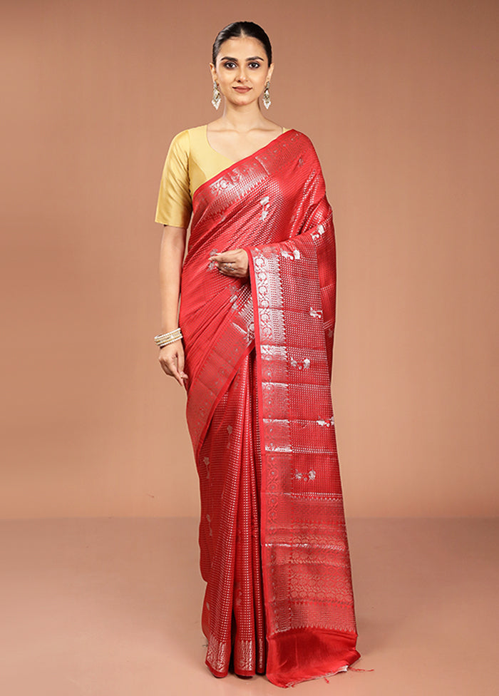 Red Handloom Dupion Pure Silk Saree With Blouse Piece
