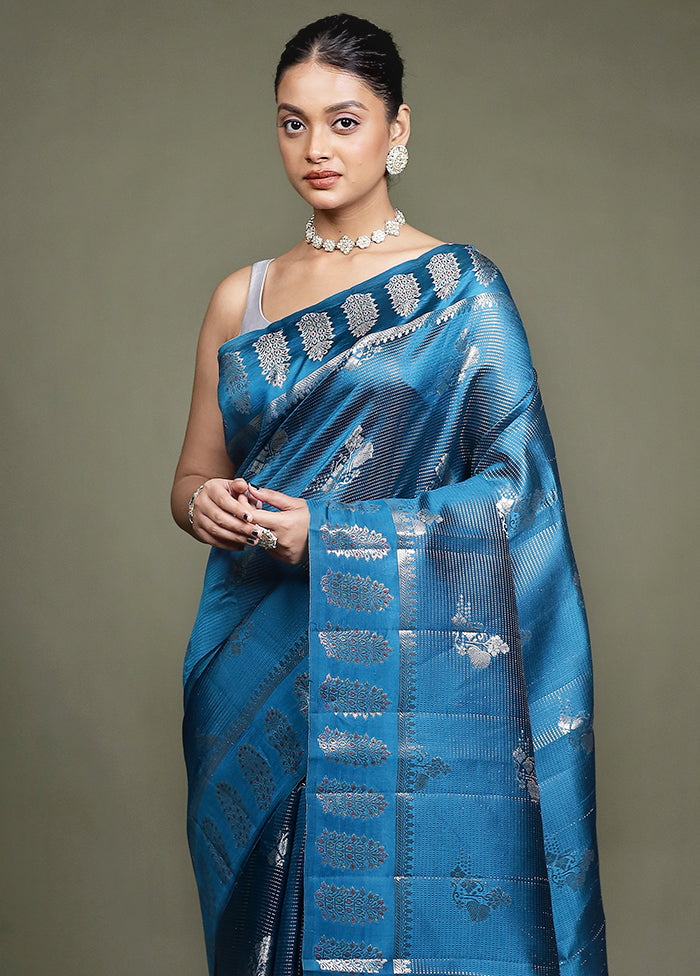 Blue Handloom Dupion Pure Silk Saree With Blouse Piece