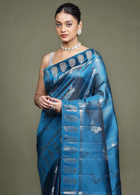 Blue Handloom Dupion Pure Silk Saree With Blouse Piece