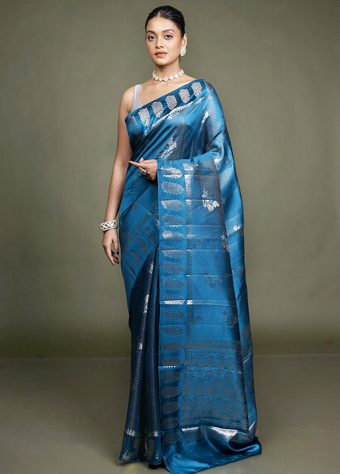 Blue Handloom Dupion Pure Silk Saree With Blouse Piece