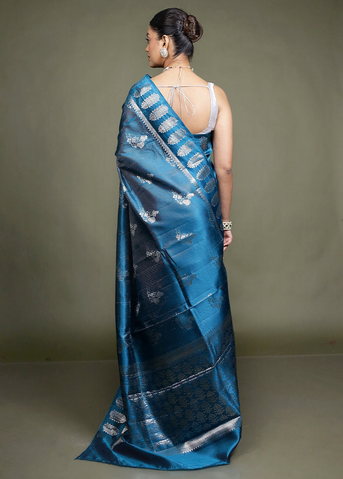 Blue Handloom Dupion Pure Silk Saree With Blouse Piece