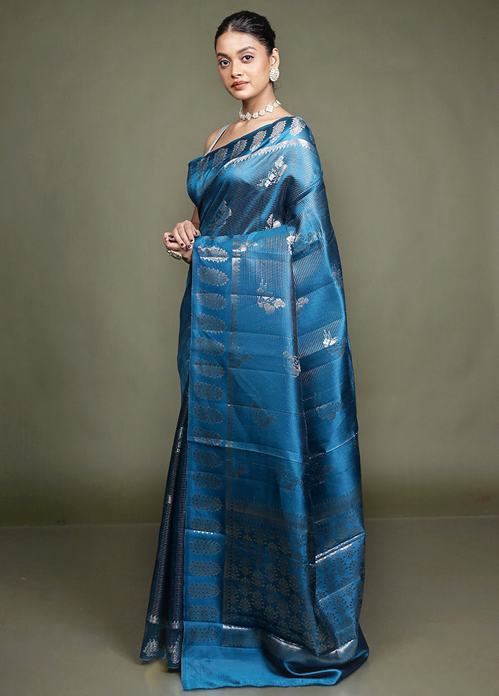 Blue Handloom Dupion Pure Silk Saree With Blouse Piece