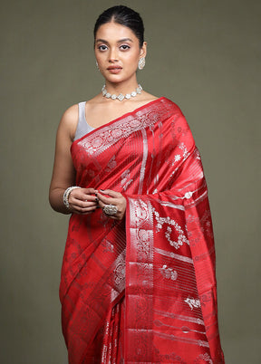 Red Handloom Dupion Pure Silk Saree With Blouse Piece
