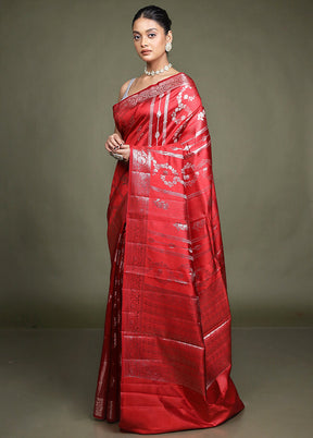 Red Handloom Dupion Pure Silk Saree With Blouse Piece