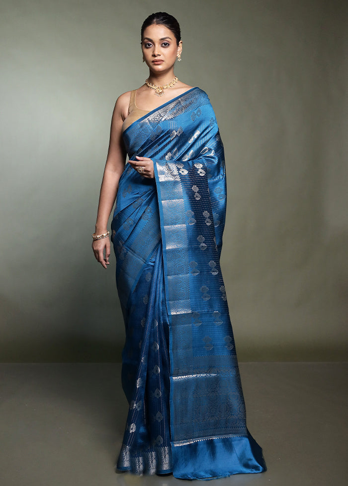 Blue Handloom Dupion Pure Silk Saree With Blouse Piece