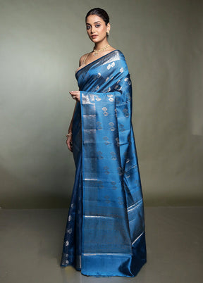 Blue Handloom Dupion Pure Silk Saree With Blouse Piece