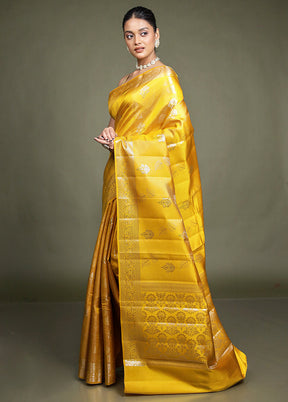 Yellow Handloom Dupion Pure Silk Saree With Blouse Piece