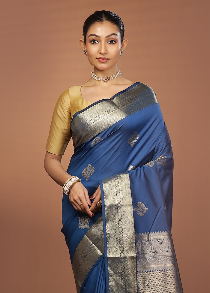 Blue Kanjivaram Silk Saree With Blouse Piece