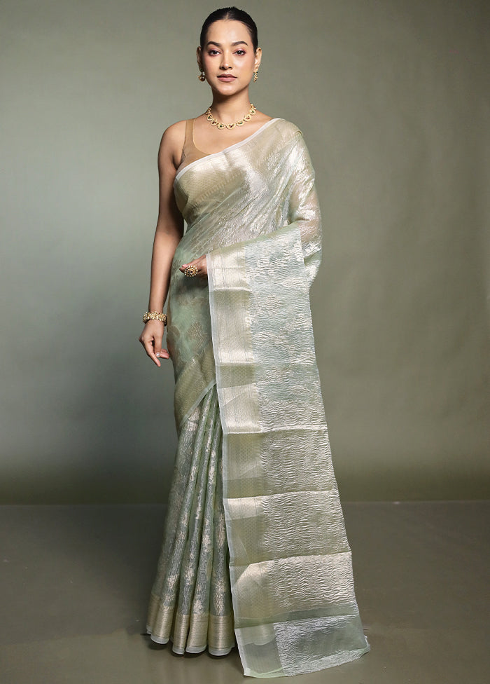 Green Crushed Tissue Silk Saree With Blouse Piece