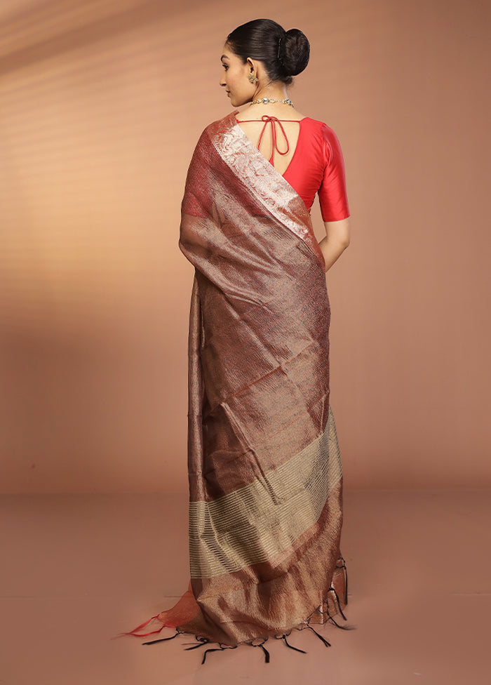 Maroon Tissue Silk Saree With Blouse Piece