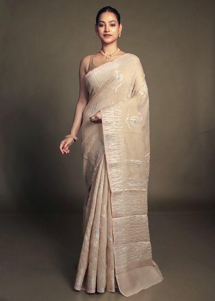 Cream Crushed Tissue Silk Saree With Blouse Piece