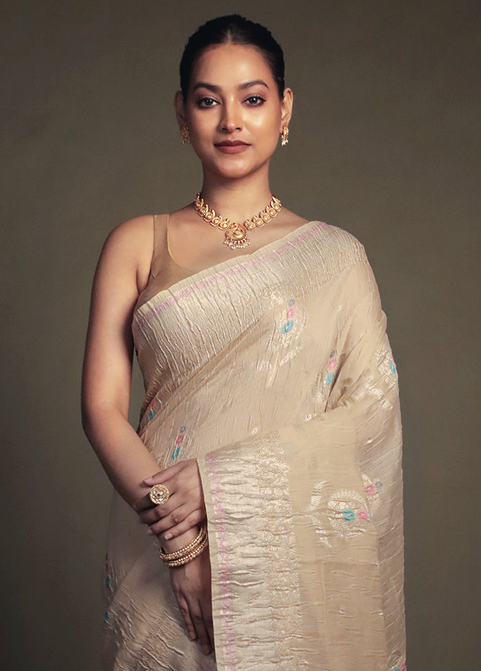 Cream Crushed Tissue Silk Saree With Blouse Piece