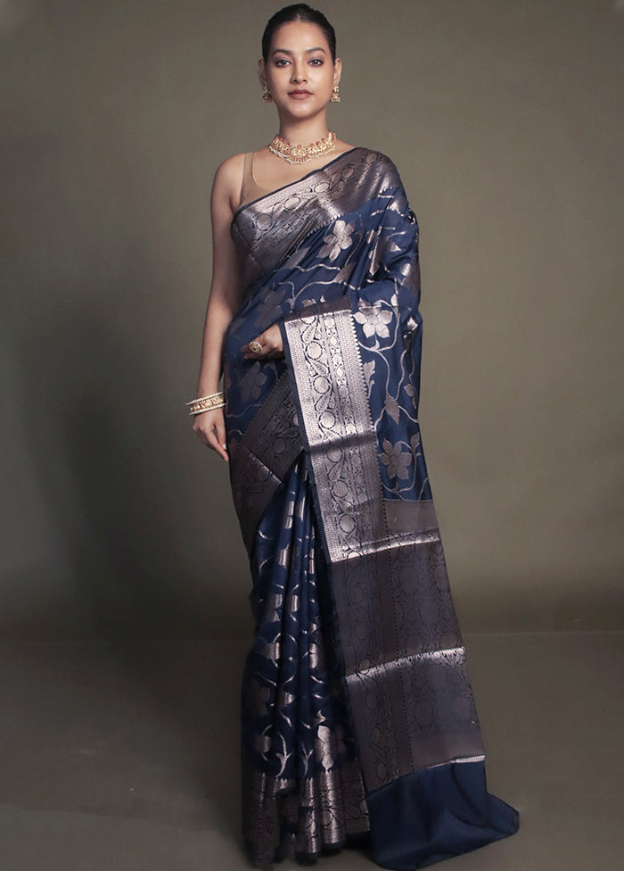 Blue Kora Silk Saree With Blouse Piece